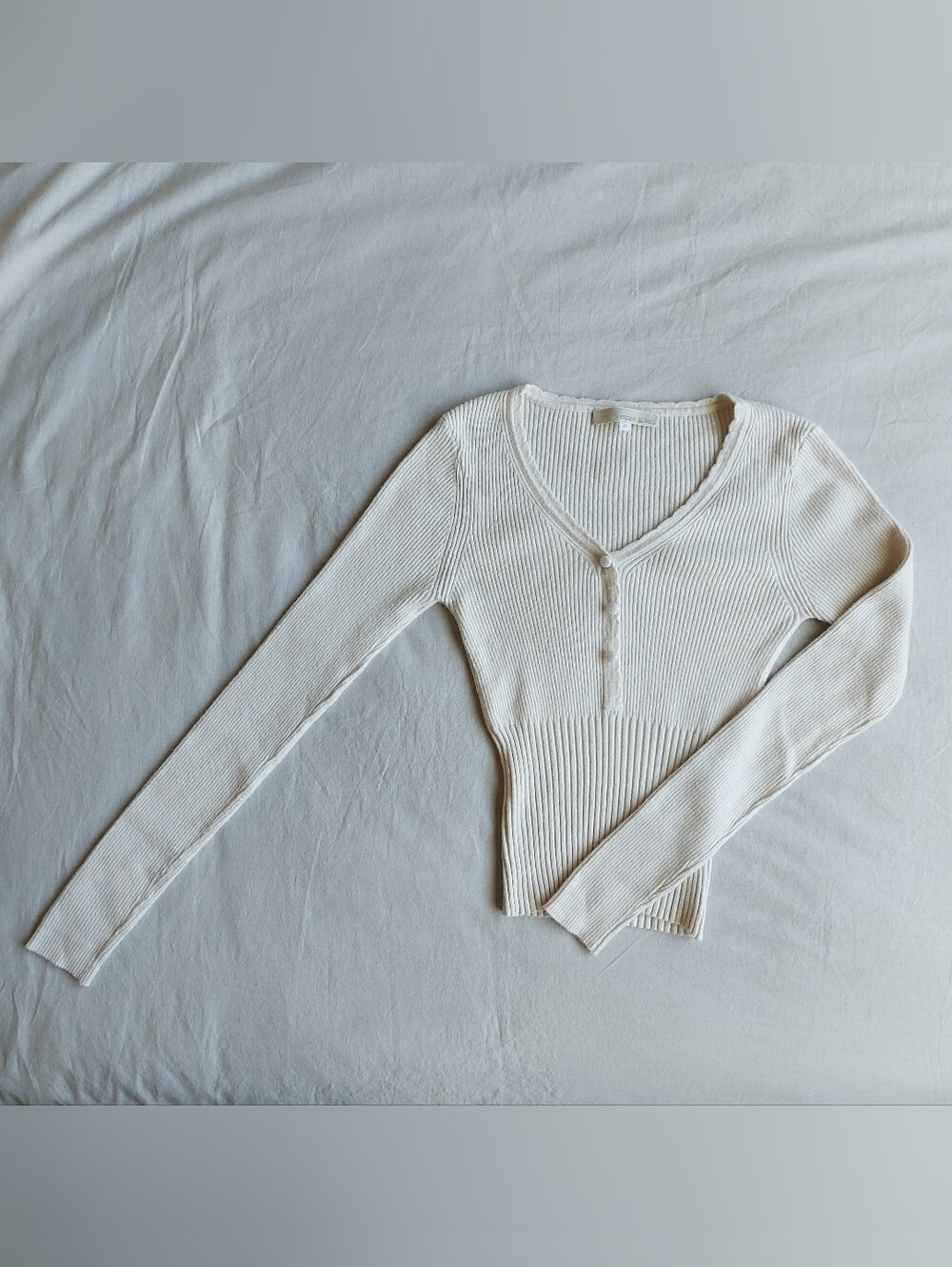 Monk & Lou Ribbed V-Neck Long Sleeve Top - Cream